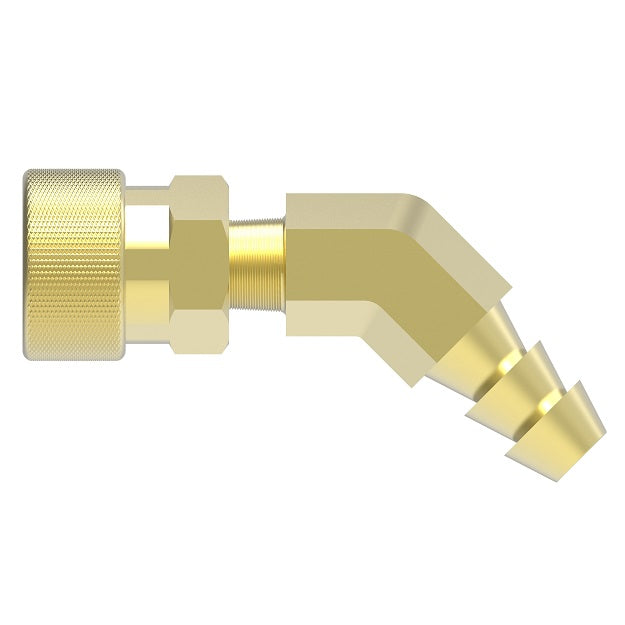 FTS224 Hansen by Danfoss | Thermal Management Quick Disconnect Coupling | Flo-Temp Series | Hose Barb | 45° Elbow | 1/4" Hose ID x 1/4" Body Size | Socket | Non-Valved | Buna-N Seal | Brass