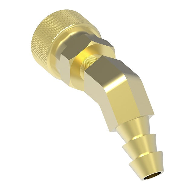 FTS224 Hansen by Danfoss | Thermal Management Quick Disconnect Coupling | Flo-Temp Series | Hose Barb | 45° Elbow | 1/4" Hose ID x 1/4" Body Size | Socket | Non-Valved | Buna-N Seal | Brass