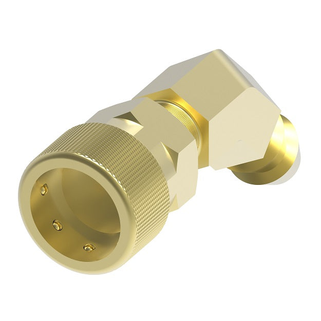 FTS326HP Hansen by Danfoss | Thermal Management Quick Disconnect Coupling | Flo-Temp Series | Push-On Hose Barb | 45° Elbow | 3/8" Hose ID x 3/8" Body Size | Socket | Non- Valved | Buna-N Seal | Brass