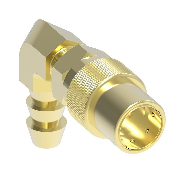 FTS214 Hansen by Danfoss | Thermal Management Quick Disconnect Coupling | Flo-Temp Series | Hose Barb | 90° Elbow | 1/4" Hose ID x 1/4" Body Size | Socket | Non-Valved | Buna-N Seal | Brass