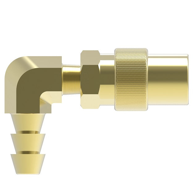 FTS214 Hansen by Danfoss | Thermal Management Quick Disconnect Coupling | Flo-Temp Series | Hose Barb | 90° Elbow | 1/4" Hose ID x 1/4" Body Size | Socket | Non-Valved | Buna-N Seal | Brass