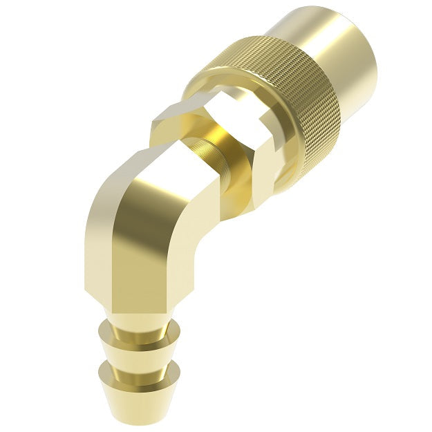 FTS214 Hansen by Danfoss | Thermal Management Quick Disconnect Coupling | Flo-Temp Series | Hose Barb | 90° Elbow | 1/4" Hose ID x 1/4" Body Size | Socket | Non-Valved | Buna-N Seal | Brass