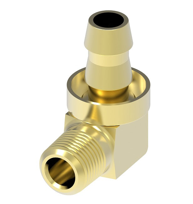 10005B-C04 Weatherhead by Danfoss | Male Pipe Rigid Field Attachable Push-On Fitting | 90° Elbow | 100 'B' Series Barb-Tite | -04 Male NPTF x -05 Reusable Hose End | Brass
