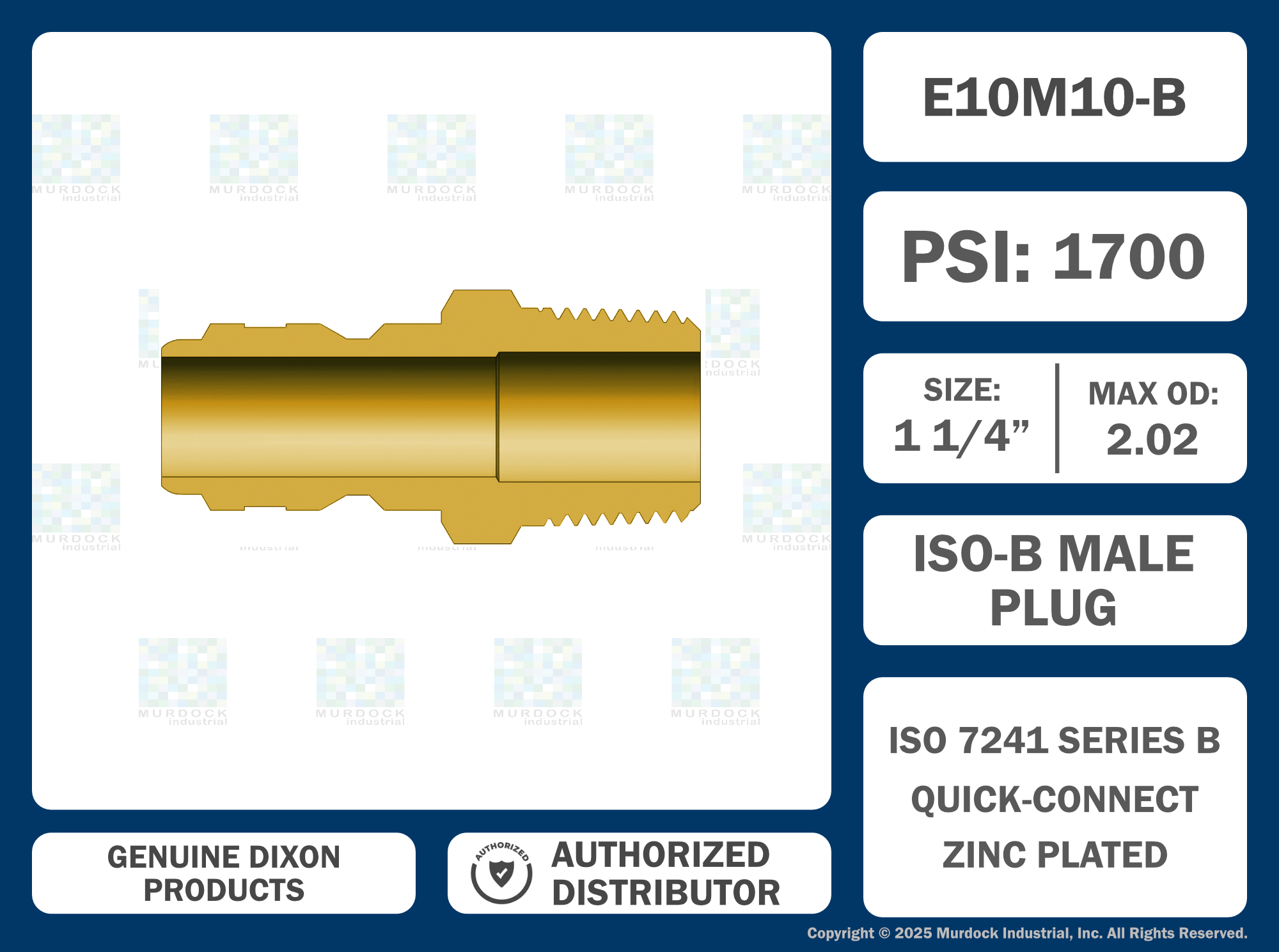 E10M10-B by Dixon Valve | Hydraulic Quick Disconnect Coupling | E-Series | 1-1/4" Male NPTF x 1-1/4" Straight-Through Interchange | Plug | Brass