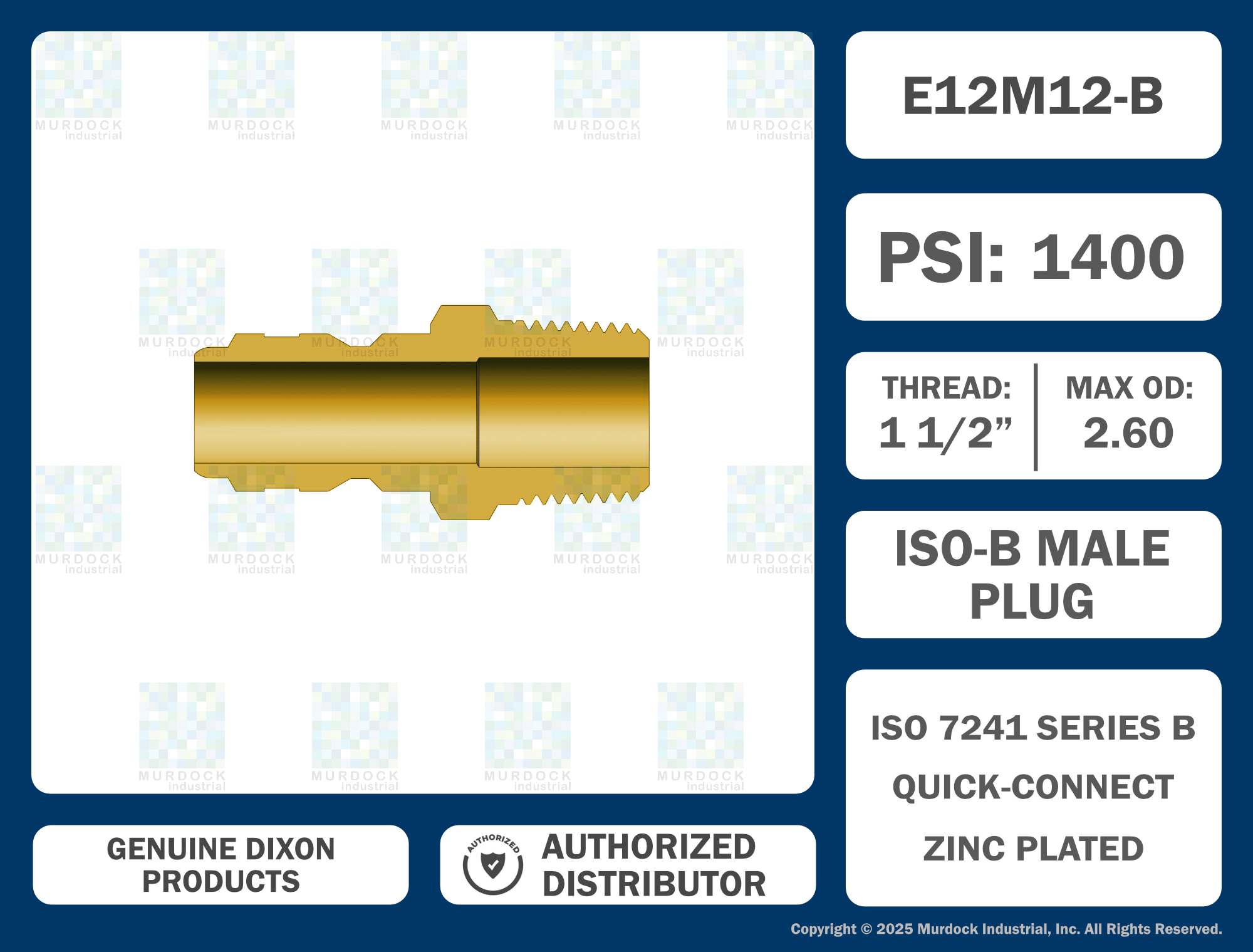 E12M12-B by Dixon Valve | Hydraulic Quick Disconnect Coupling | E-Series | 1-1/2" Male NPTF x 1-1/2" Straight-Through Interchange | Plug | Brass