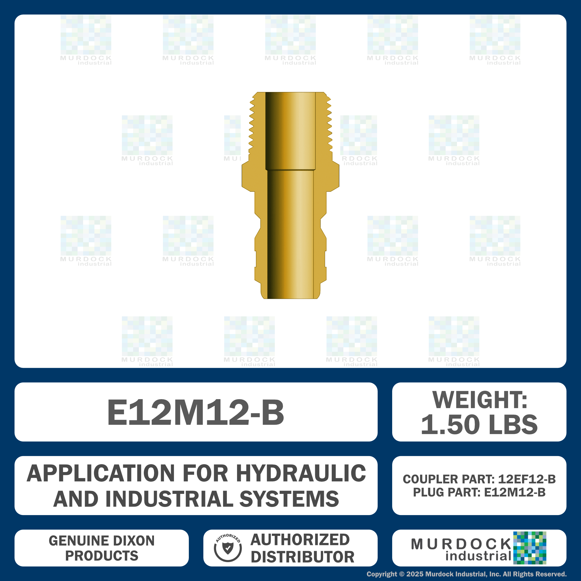 E12M12-B by Dixon Valve | Hydraulic Quick Disconnect Coupling | E-Series | 1-1/2" Male NPTF x 1-1/2" Straight-Through Interchange | Plug | Brass