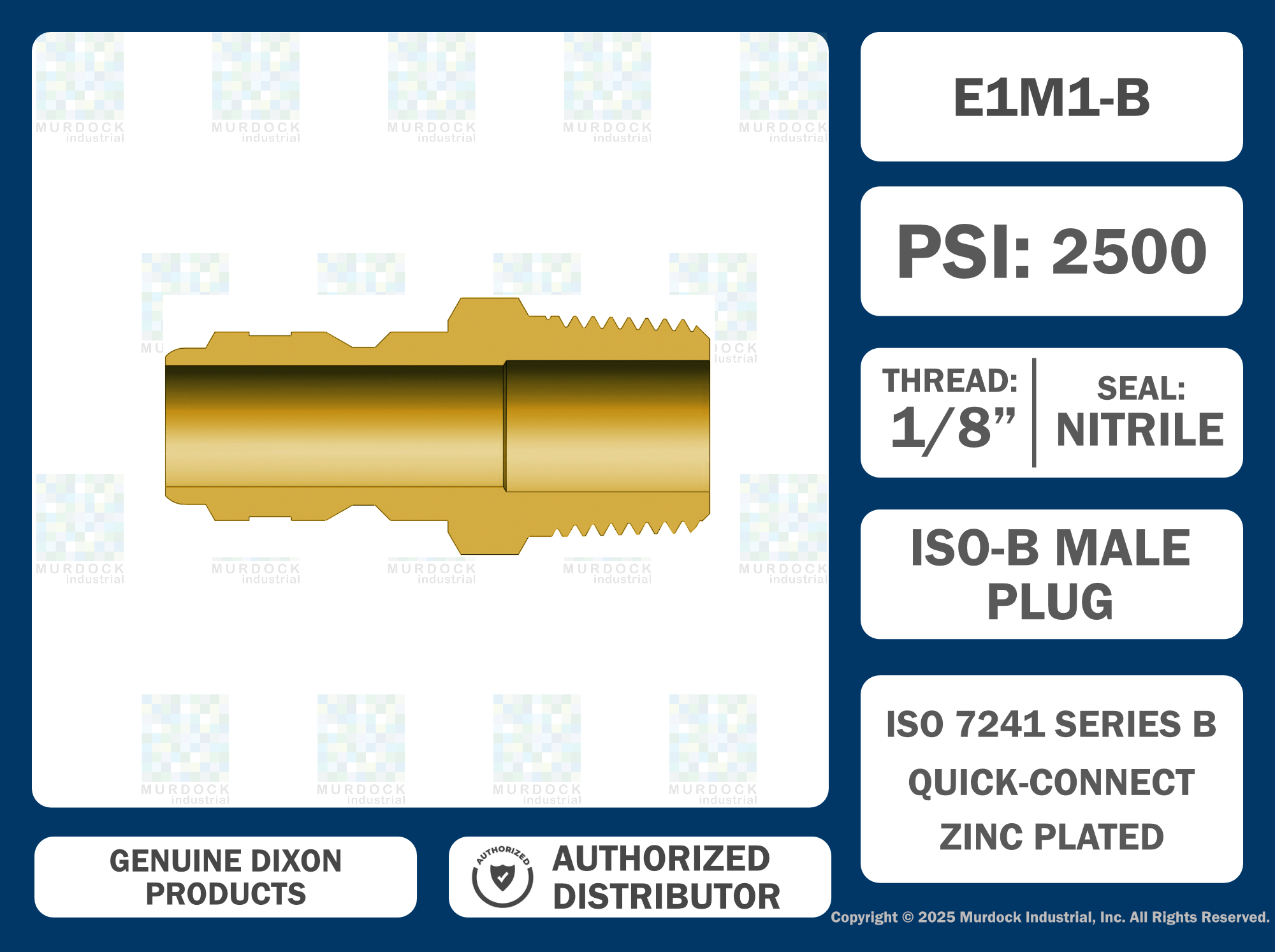 E1M1-B by Dixon Valve | Hydraulic Quick Disconnect Coupling | E-Series | 1/8" Male NPTF x 1/8" Straight-Through Interchange | Plug | Brass