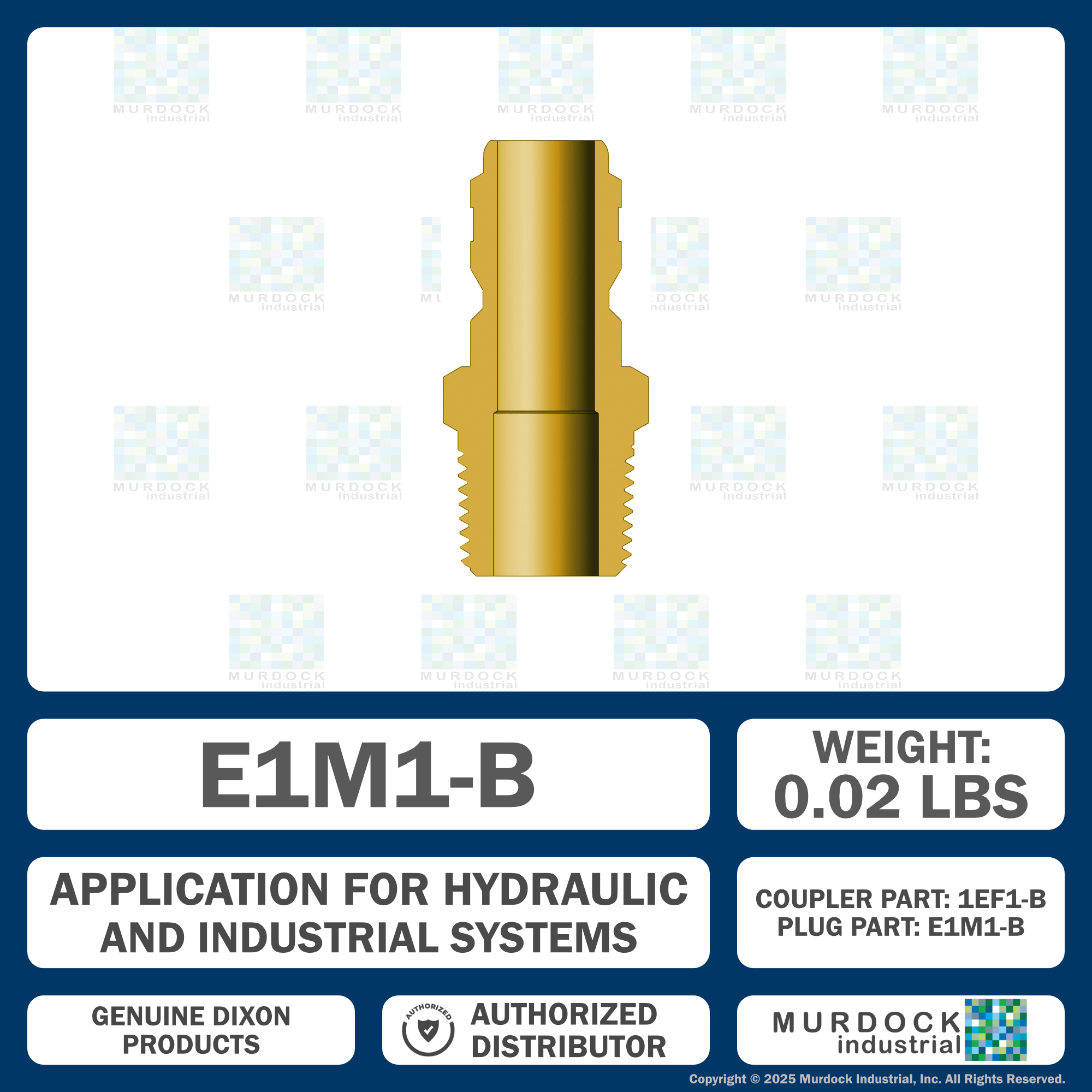 E1M1-B by Dixon Valve | Hydraulic Quick Disconnect Coupling | E-Series | 1/8" Male NPTF x 1/8" Straight-Through Interchange | Plug | Brass
