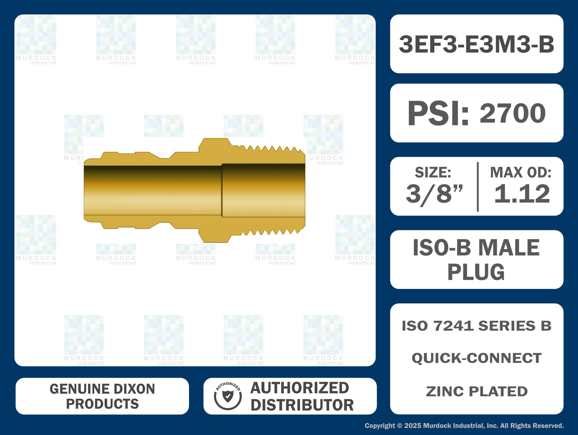 E3M3-B by Dixon Valve | Hydraulic Quick Disconnect Coupling | E-Series | 3/8" Male NPTF x 3/8" Straight-Through Interchange | Plug | Brass