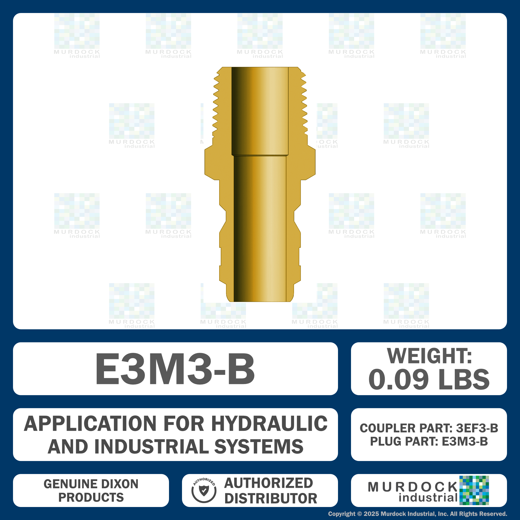 E3M3-B by Dixon Valve | Hydraulic Quick Disconnect Coupling | E-Series | 3/8" Male NPTF x 3/8" Straight-Through Interchange | Plug | Brass