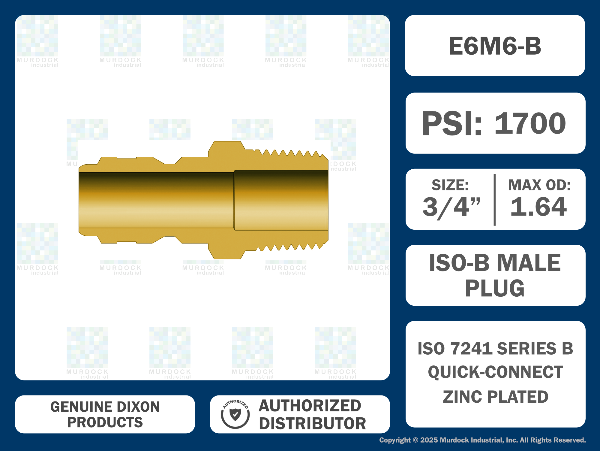 E6M6-B by Dixon Valve | Hydraulic Quick Disconnect Coupling | E-Series | 3/4" Male NPTF x 3/4" Straight-Through Interchange | Plug | Brass