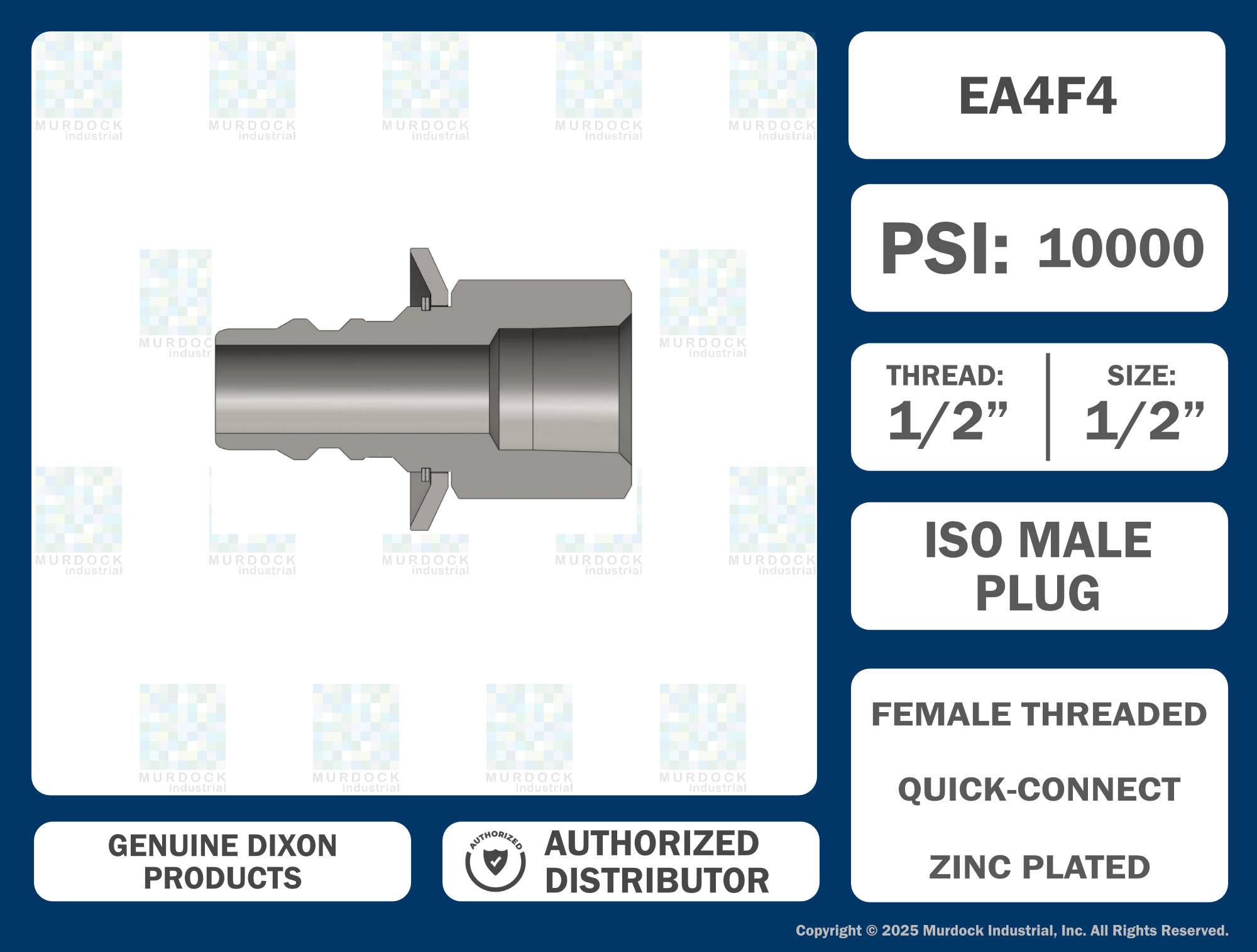 EA4F4 by Dixon Valve | Hydraulic Quick Disconnect Coupling | EA-Series | 1/2" Female NPTF x 1/2" Water-Blast Interchange | Plug | Steel