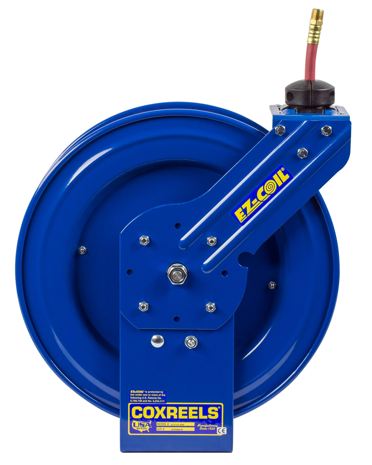 EZ-P-LP-330 by Coxreels | EZ-P Series | 300 PSI EZ-Coil Safety Spring Driven Hose Reel for Air & Water | 3/8" Hose ID, 3/8" FNPT Inlet x 3/8" MNPT Hose End | Steel | 30ft PVC Hose Included