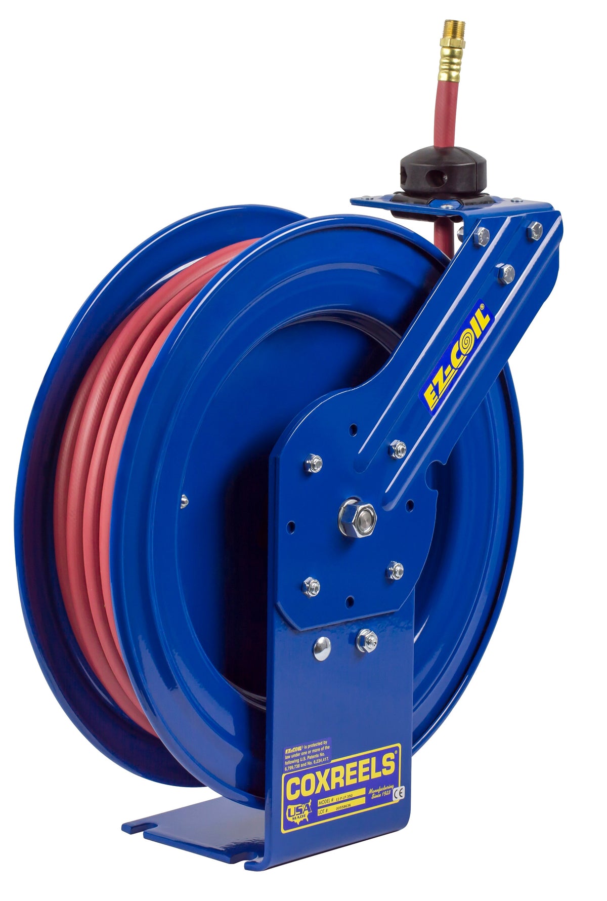 EZ-P-LP-350 by Coxreels | EZ-P Series | 300 PSI EZ-Coil Safety Spring Driven Hose Reel for Air & Water | 3/8" Hose ID, 3/8" FNPT Inlet x 3/8" MNPT Hose End | Steel | 50ft PVC Hose Included