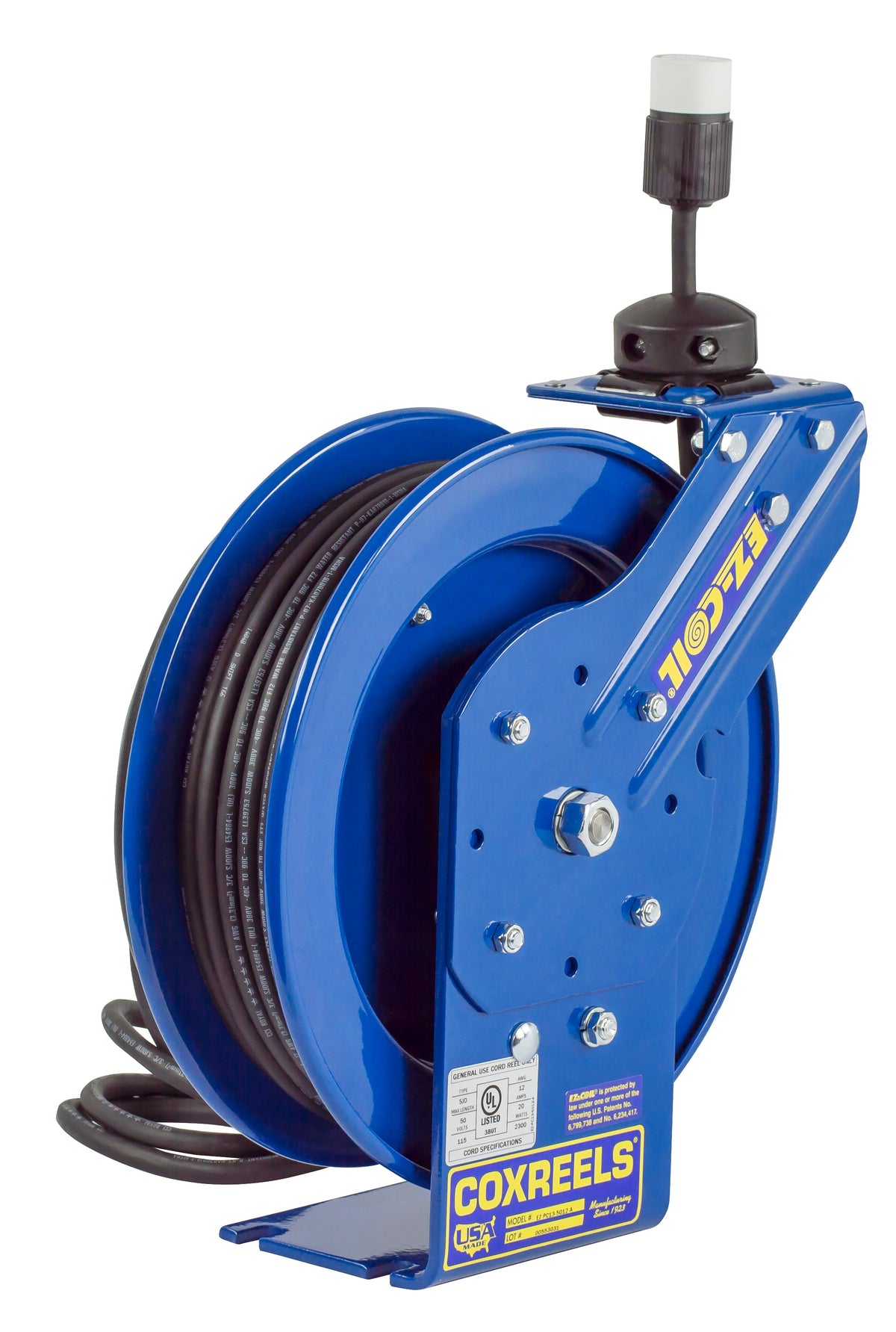 EZ-PC13-5016-A by Coxreels | EZ-PC Series | EZ-Coil Safety Spring Driven Power Cord Reel with Single Industrial Receptacle | 16/3 SJO Cord, 13A, 115V | Steel | 50ft Cord Included