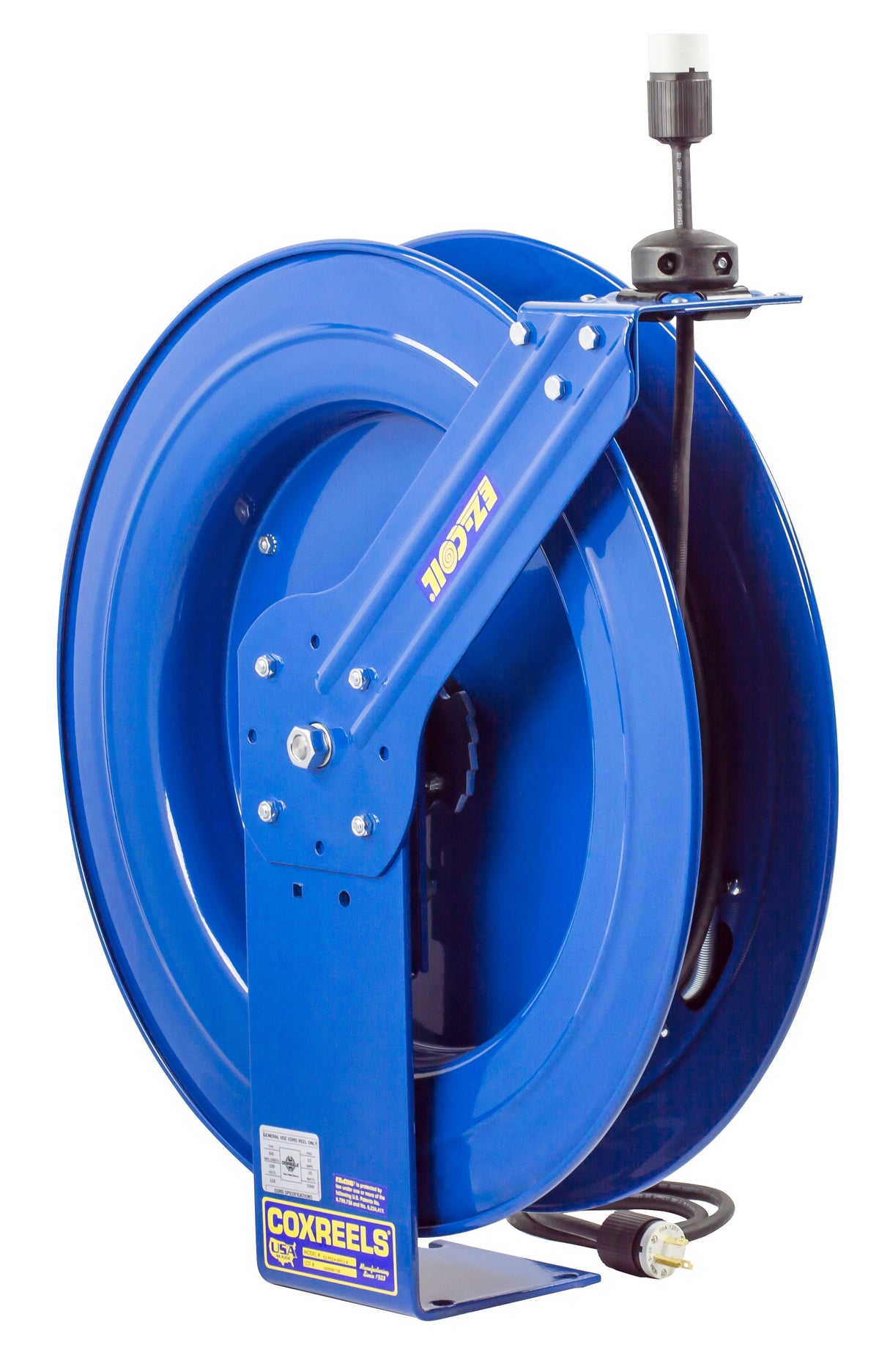 EZ-PC24-0012-A by Coxreels | EZ-PC Series | EZ-Coil Safety Spring Driven Power Cord Reel with Single Industrial Receptacle | 12/3 SJO Cord, 20A, 115V | Steel | 100ft Cord Included