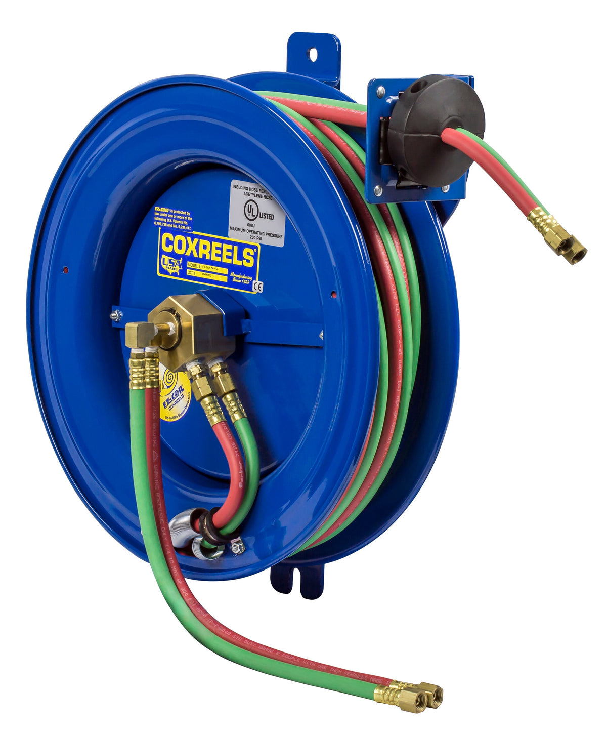 EZ-SG19W-175 by Coxreels | EZ-SGW Series | 200 PSI Side Mount EZ-Coil Safety Spring Driven Hose Reel with Guide Arm for Oxy-Acetylene Welding | 1/4" Hose ID, 1/4" FNPT Inlet x 1/4" MNPT Hose End | Steel | 75ft EPDM Hose Included