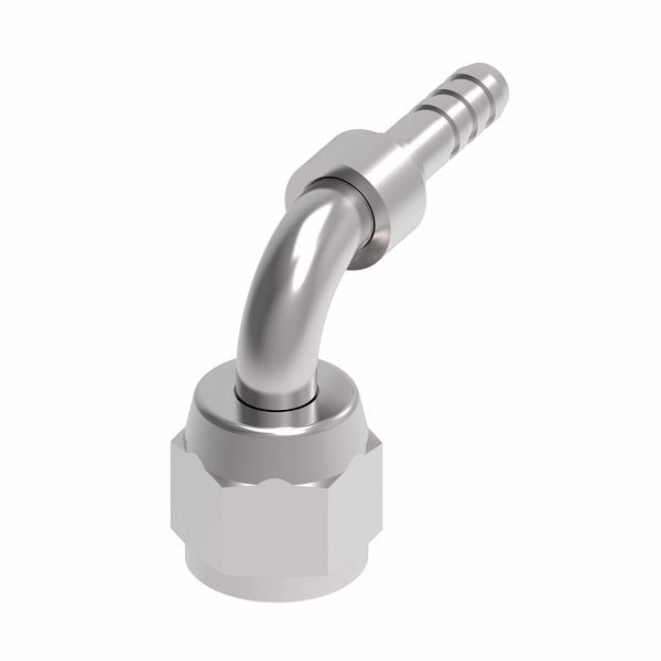 FC4098-0404S Aeroquip by Danfoss | Female SAE 45° Swivel 90° Elbow PTFE Crimp Fitting | FC Series | Nipple Assembly | -04 Female SAE 45° Swivel x -04 Hose Barb | Steel
