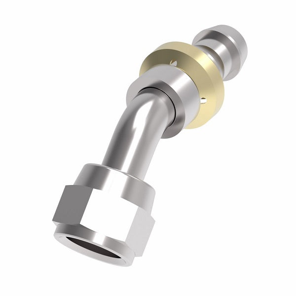 FC5849-0404S Aeroquip by Danfoss | Female Universal Swivel 45° Elbow Socketless Reusable Hose Fitting | FC Series | -04 Female JIC Swivel (Also Couples w/ SAE 45° Flare) x -04 Push-On Hose Barb | Steel
