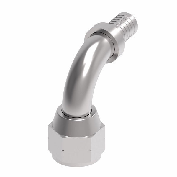 FC6217-0606S Aeroquip by Danfoss | Female SAE 45° Swivel 90° Elbow PTFE Crimp Fitting | FC Series | Nipple Assembly | -06 Female SAE 45° Swivel x -06 Hose Barb | Steel
