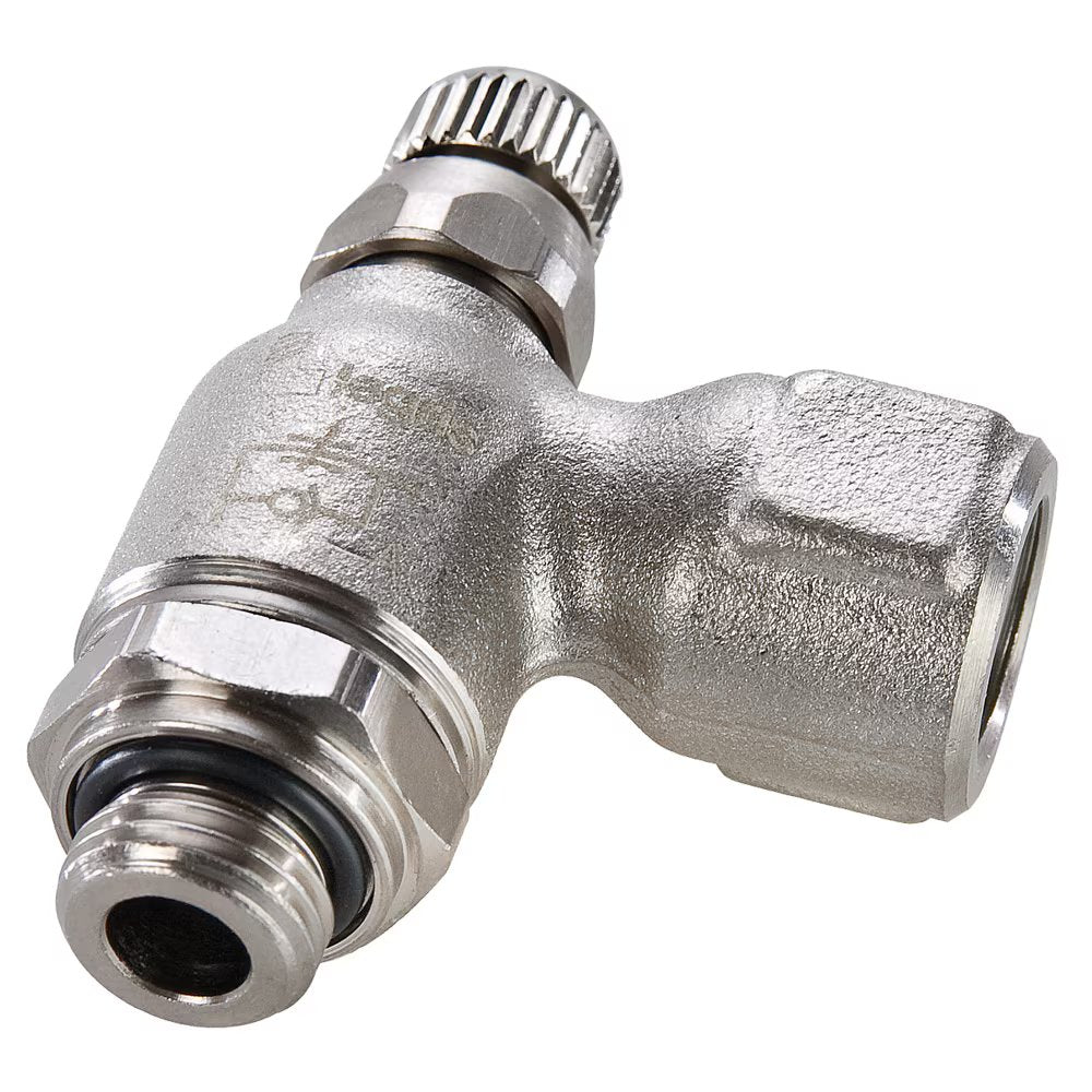 FC702-6G by Parker | Threaded Port Meter Out Metal Flow Control | 3/8" Female BSPP x 3/8" Male BSPP Thread | 25 mm Height | 90° Elbow | Nickel Plated Brass