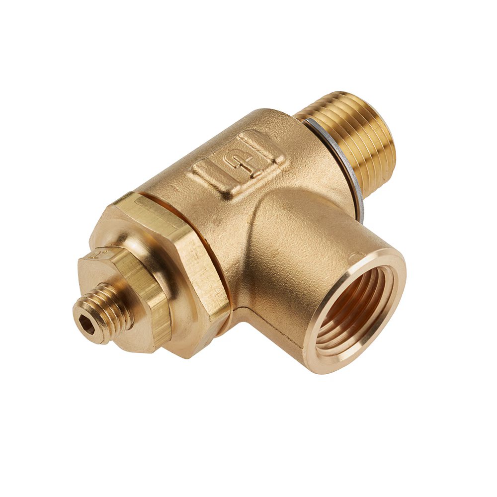 FC703-2 by Parker | Threaded Port Meter Out Metal Flow Control | 1/8" Female NPT x 1/8" Male NPT Thread | 5/8" Hex | 1.84" Length | 90° Elbow | Brass
