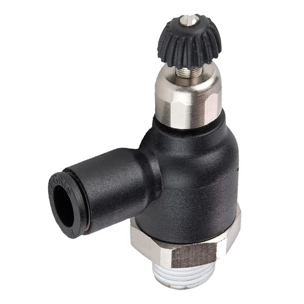 FCC731-4M-4 by Parker | Compact Flow Controls | 5/32" Push-to-Connect x 1/4" Male NPT Thread | .63" Hex 1 | .39" Hex 2 | 90° Elbow | Composite Polymer | Pack of 10
