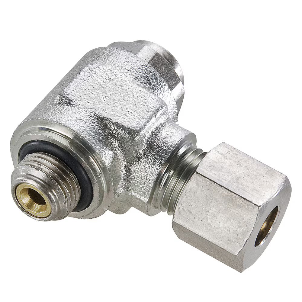 FCK701C-8M-4G by Parker | Knobless Compression Metal Flow Control | 8 mm Compression x 1/4" Male BSPP Thread | 17 mm Height | 90° Elbow | Nickel Plated Brass | Pack of 5