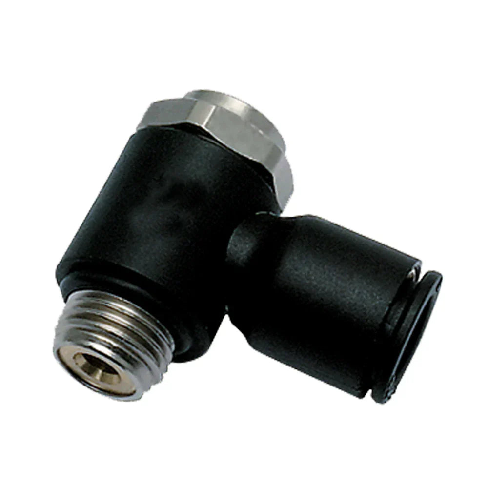 FCKCB731-8M-4G by Parker | Compact Flow Controls | 8 mm Push-to-Connect x 1/4" Male BSPP Thread | 17 mm Hex | 90° Elbow | Composite Polymer | Pack of 10