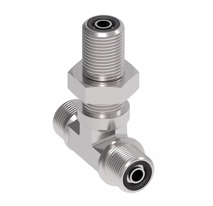 FF2033T0606S Aeroquip by Danfoss | ORS Male/ORS Male/ORS Male Bulkhead Branch Tee Adapter | -06 Male O-Ring Face Seal x -06 Male O-Ring Face Seal x -06 Male O-Ring Face Seal | Steel