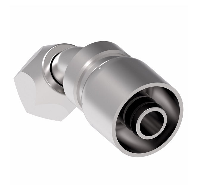 FJ3243-0505S Aeroquip by Danfoss | Female Universal Swivel 45° Elbow 100R5 Crimp Fitting | FJ Series | -05 Female JIC Swivel (Also Couples w/ SAE 45° Flare) x -05 Hose Barb | Steel