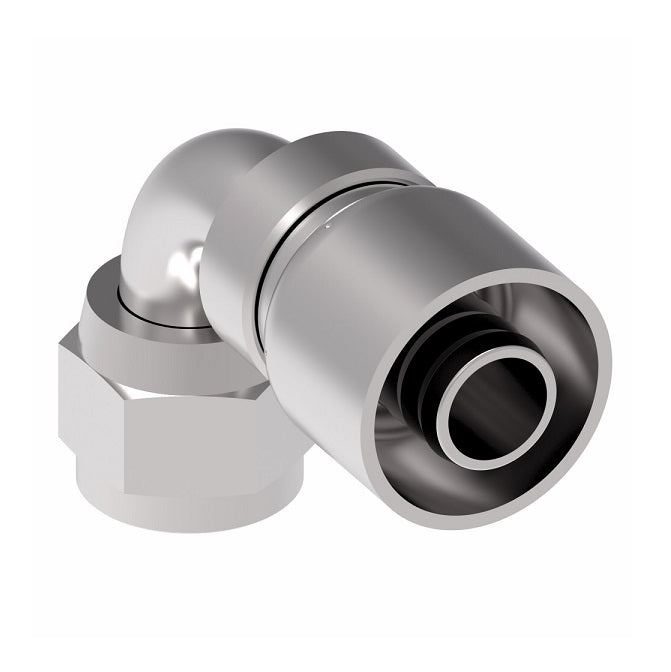 FJ3244-0505S Aeroquip by Danfoss | Female Universal Swivel 90° Elbow 100R5 Crimp Fitting | FJ Series | -05 Female JIC Swivel (Also Couples w/ SAE 45° Flare) x -05 Hose Barb | Steel