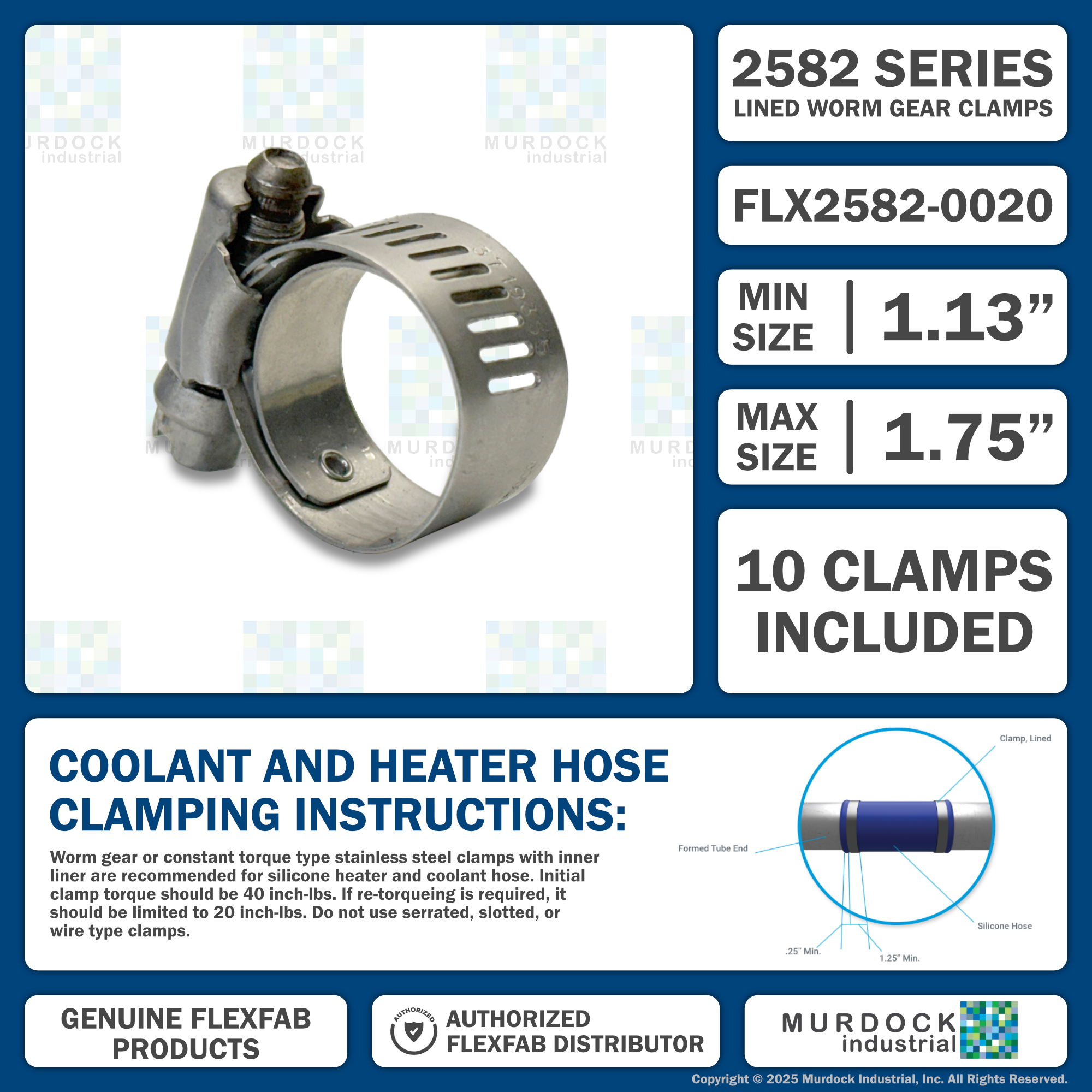 FLX2582-0020 by FlexFab | Series 2582 | Lined Worm Gear Clamps | 1.13" Min Dia | 1.75" Max Dia | 10 Per pack