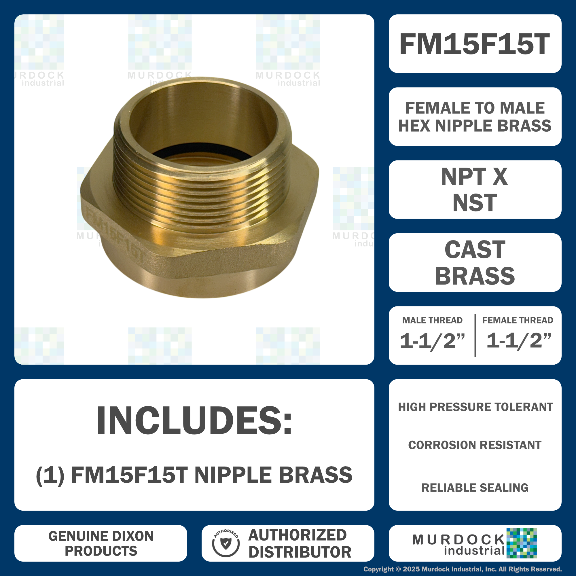 FM15F15T Dixon Cast Brass Female to Male Hex Nipple - 1-1/2" Female NST(NH) x 1-1/2" Male NPT