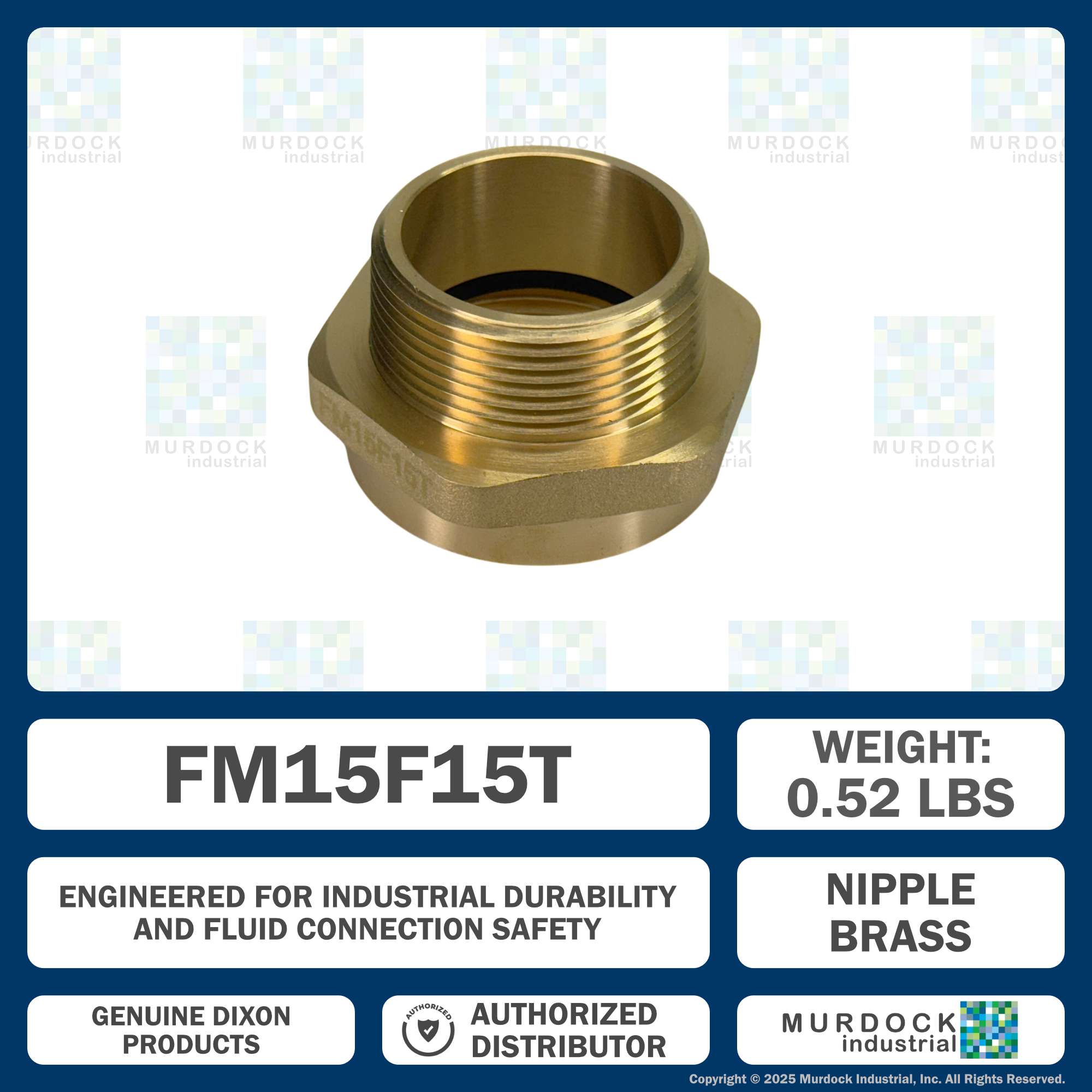 FM15F15T Dixon Cast Brass Female to Male Hex Nipple - 1-1/2" Female NST(NH) x 1-1/2" Male NPT