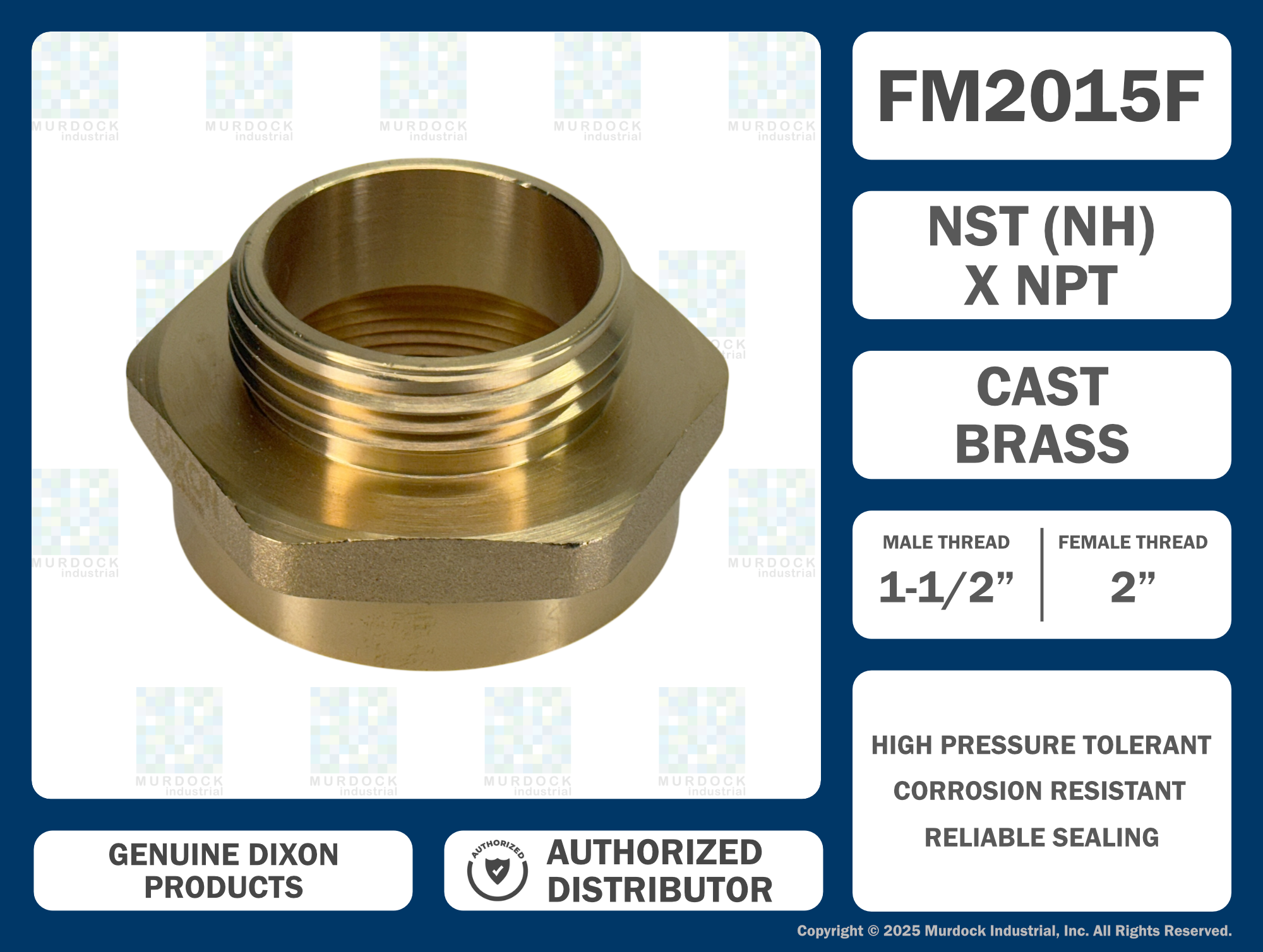FM2015F Dixon Cast Brass Female to Male Hex Nipple - Increaser / Reducer - 2" Female NPT x 1-1/2" Male NST(NH)
