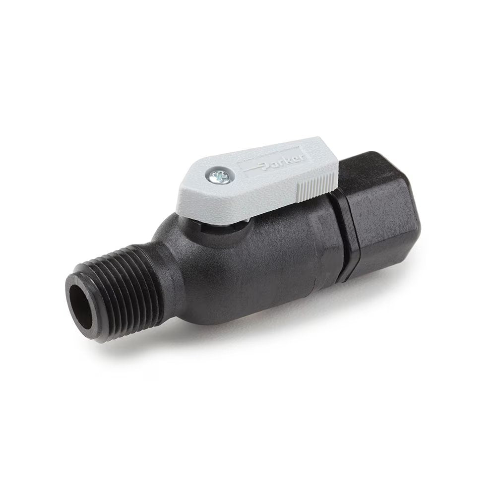 FTPPB6VMC4 by Parker | Ball Valve | 3/8" Tube Size x 1/4" Male NPTF Thread | 2.93" Length | Straight | Black | Polypropylene
