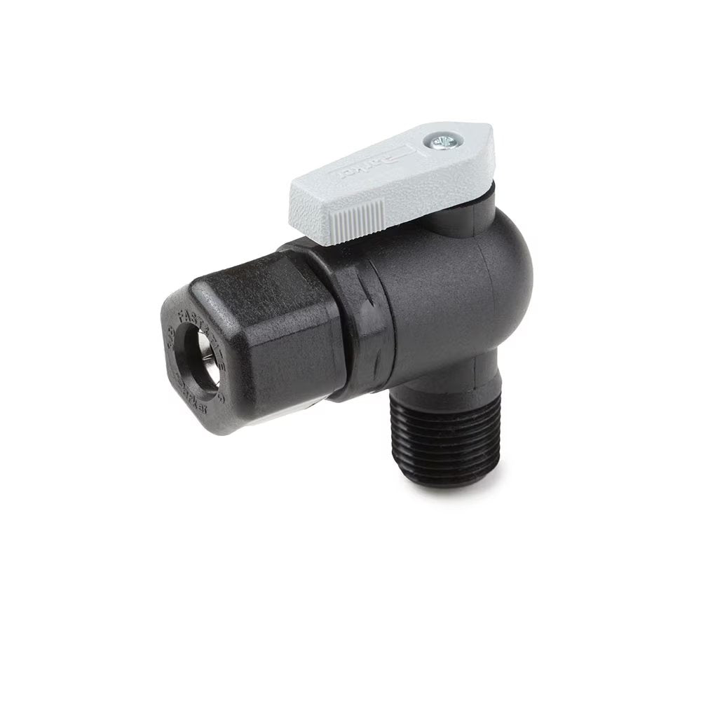 FTPPB6VME6 by Parker | Ball Valve | 3/8" Tube Size x 3/8" Male NPTF Thread | 2.26" Length | 90° Elbow | Black | Polypropylene
