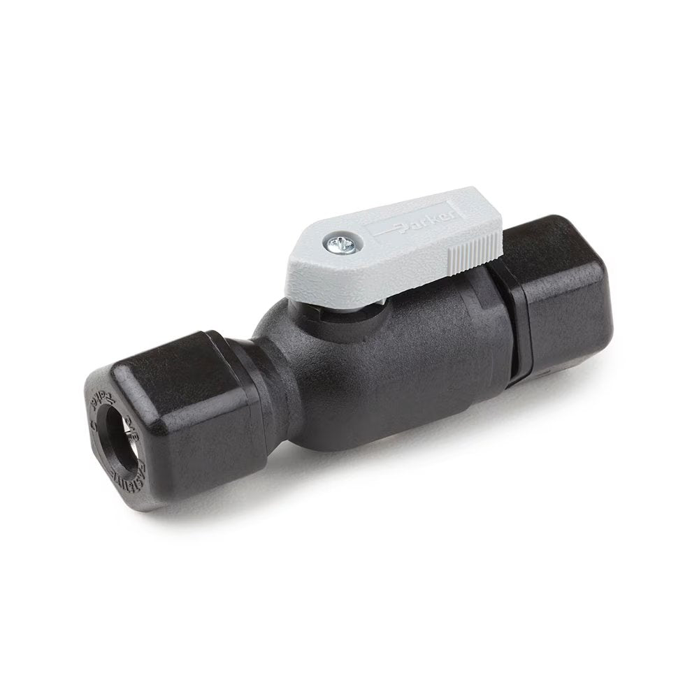 FTPPB8VUC8 by Parker | Ball Valve | 1/2" Tube Size 1 x 1/2" Tube Size 2 | 3.27" Length | Straight | Black | Polypropylene