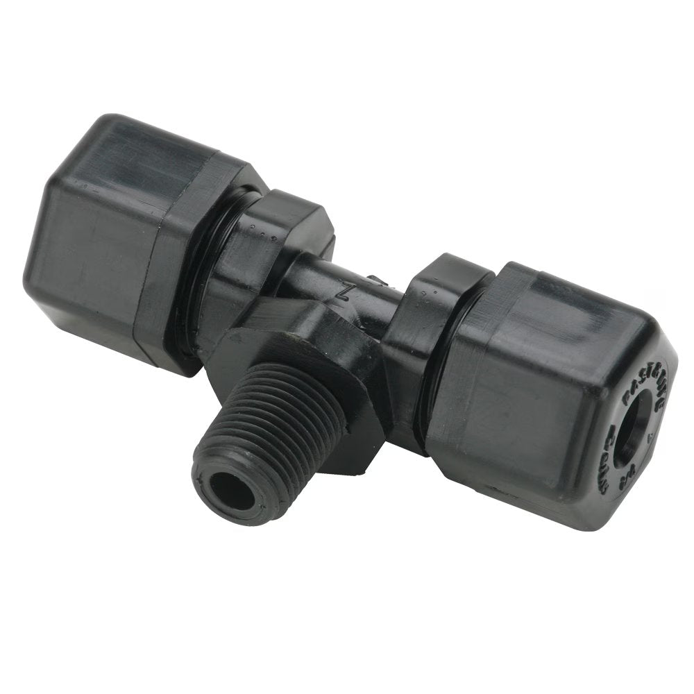 P10MT8 by Parker | Threaded Fitting | 5/8" Tube OD x 1/2" Male NPTF Thread | 1-1/8" Hex | 3.36" Length | Tee | Black | Polypropylene