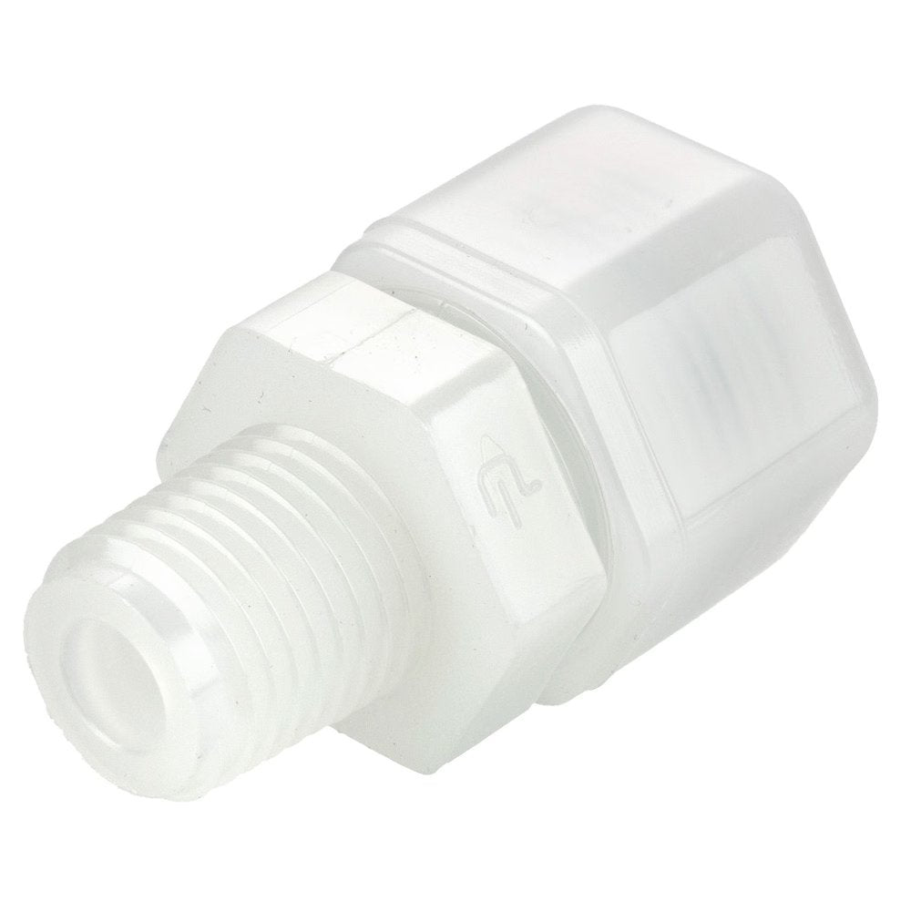N8MC8 by Parker | Threaded Fitting | 1/2" Tube Connector x 1/2" Male NPTF Thread | 1" Hex | 1.87" Length | Straight | Natural | Nylon
