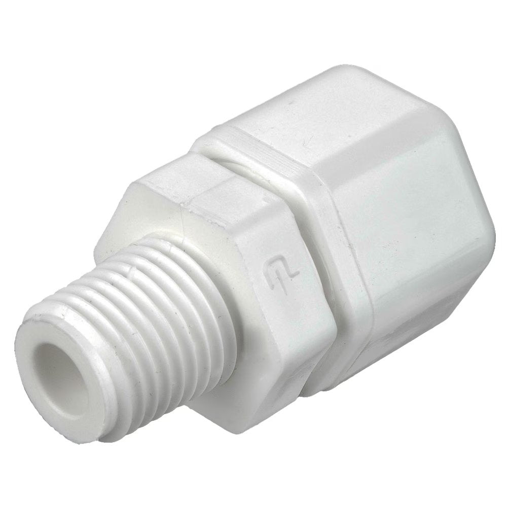 W8MC8 by Parker | Threaded Fitting | 1/2" Tube Connector x 1/2" Male NPTF Thread | 1" Hex | 1.87" Length | Straight | White | Polypropylene
