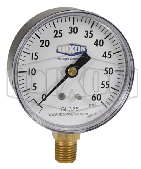 GL325 by Dixon Valve | Standard Dry Gauge | Lower Mount | 2-1/2" Face | 1/4" Lower Mount | 0-60 PSI Range | ABS Plastic