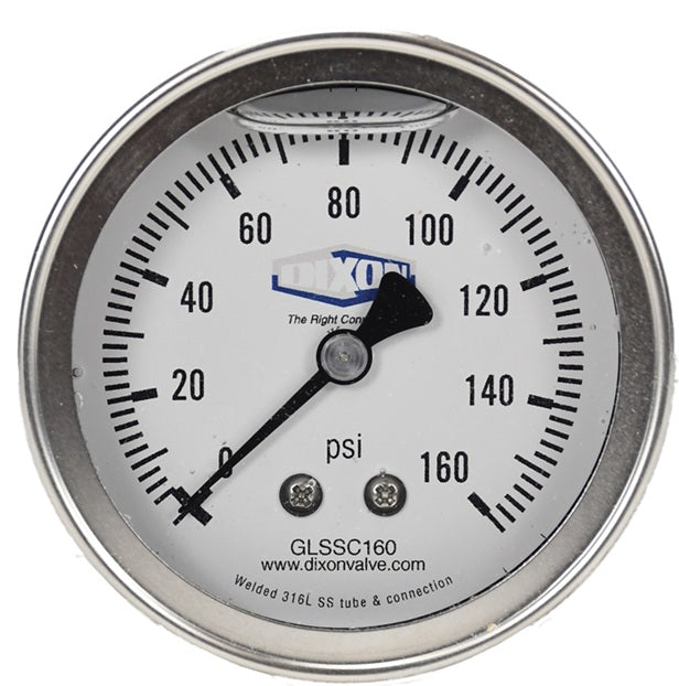 GLSSC160 by Dixon Valve | Liquid Filled Gauge | Center Back Mount | 2-1/2" Face | 1/4" Center Back Mount | 0-160 PSI Range | Stainless Steel