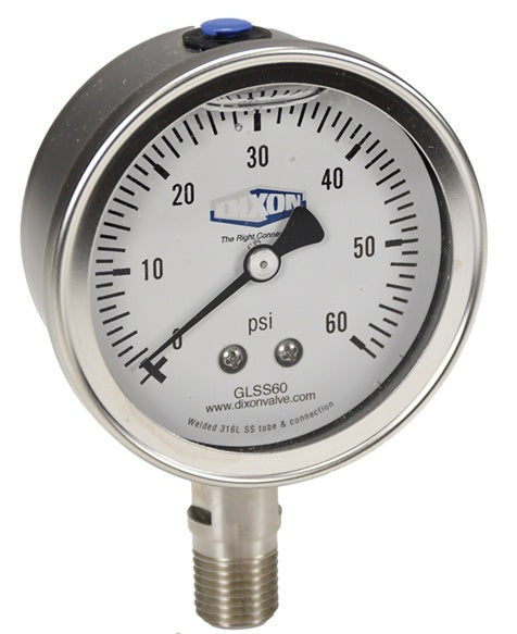 GLSS200 by Dixon Valve | Liquid Filled Gauge | Lower Mount | 2-1/2" Face | 1/4" Lower Mount | 0-200 PSI Range | Stainless Steel