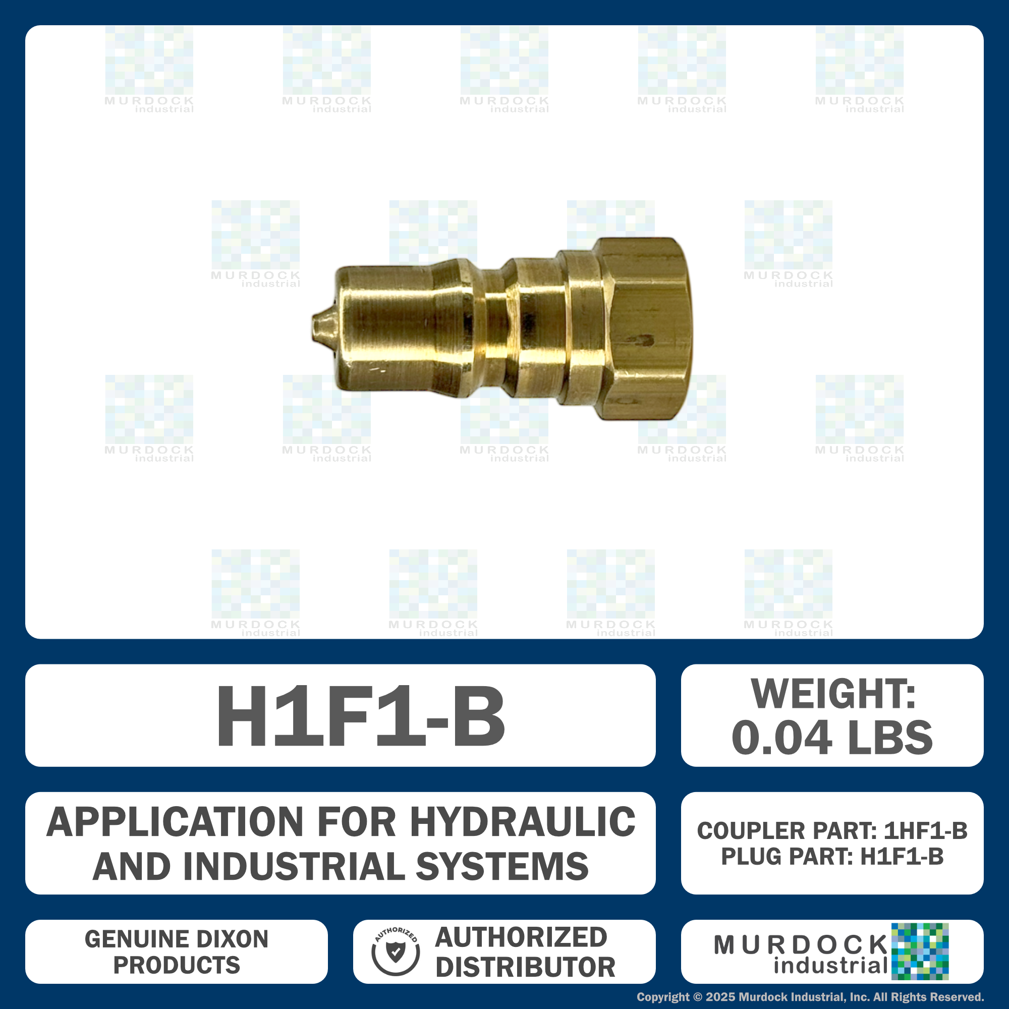 H1F1-B by Dixon Valve | Hydraulic Quick Disconnect Coupling | H-Series | 1/8" Female NPTF x 1/8" ISO-B Interchange | Plug | Brass