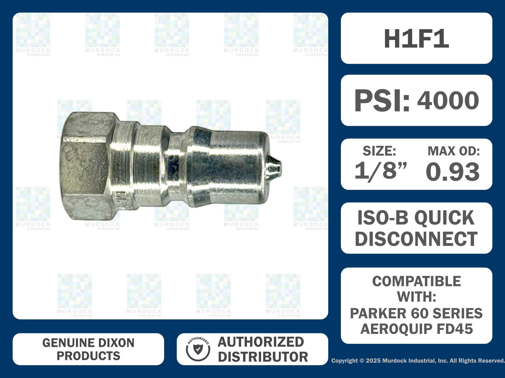 H1F1 by Dixon Valve | Hydraulic Quick Disconnect Coupling | H-Series | 1/8" Female NPTF x 1/8" ISO-B Interchange | Plug | Steel