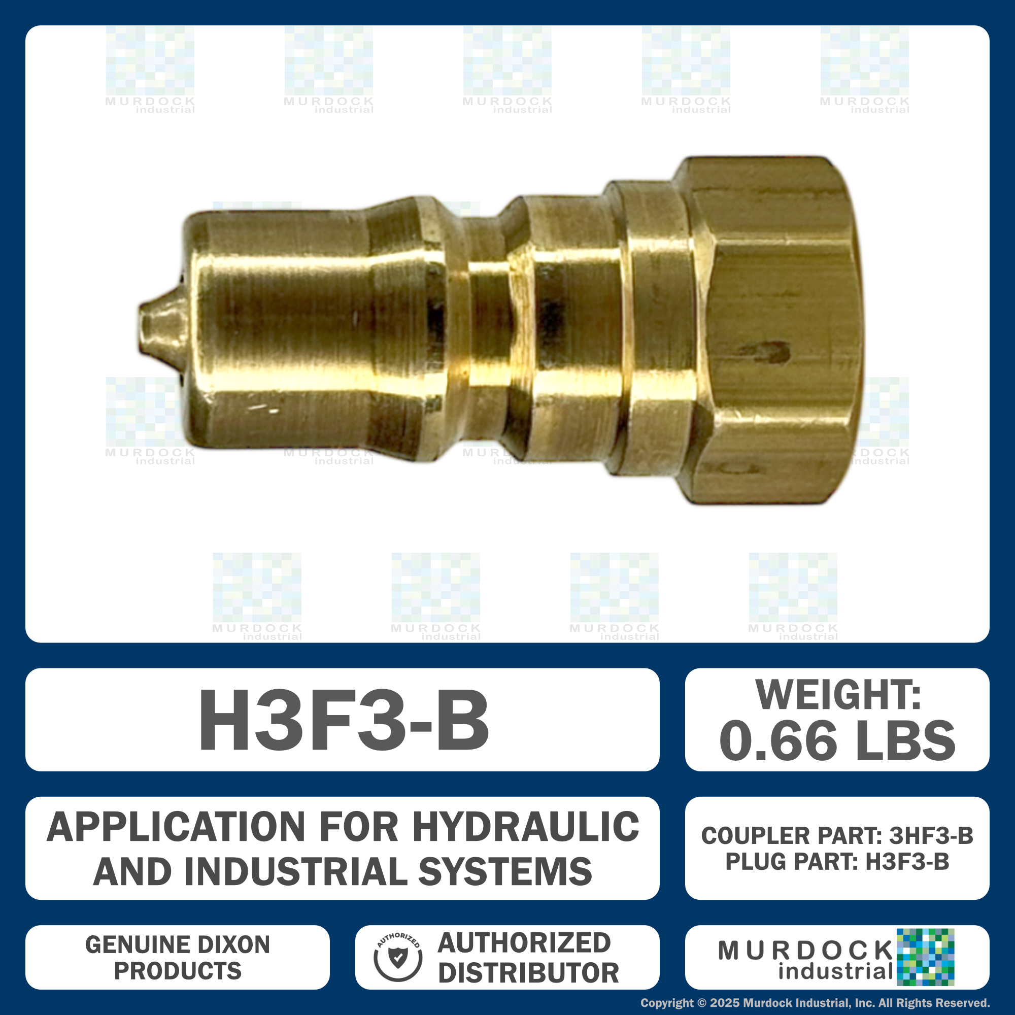 H3F3-B by Dixon Valve | Hydraulic Quick Disconnect Coupling | H-Series | 3/8" Female NPTF x 3/8" ISO-B Interchange | Plug | Brass