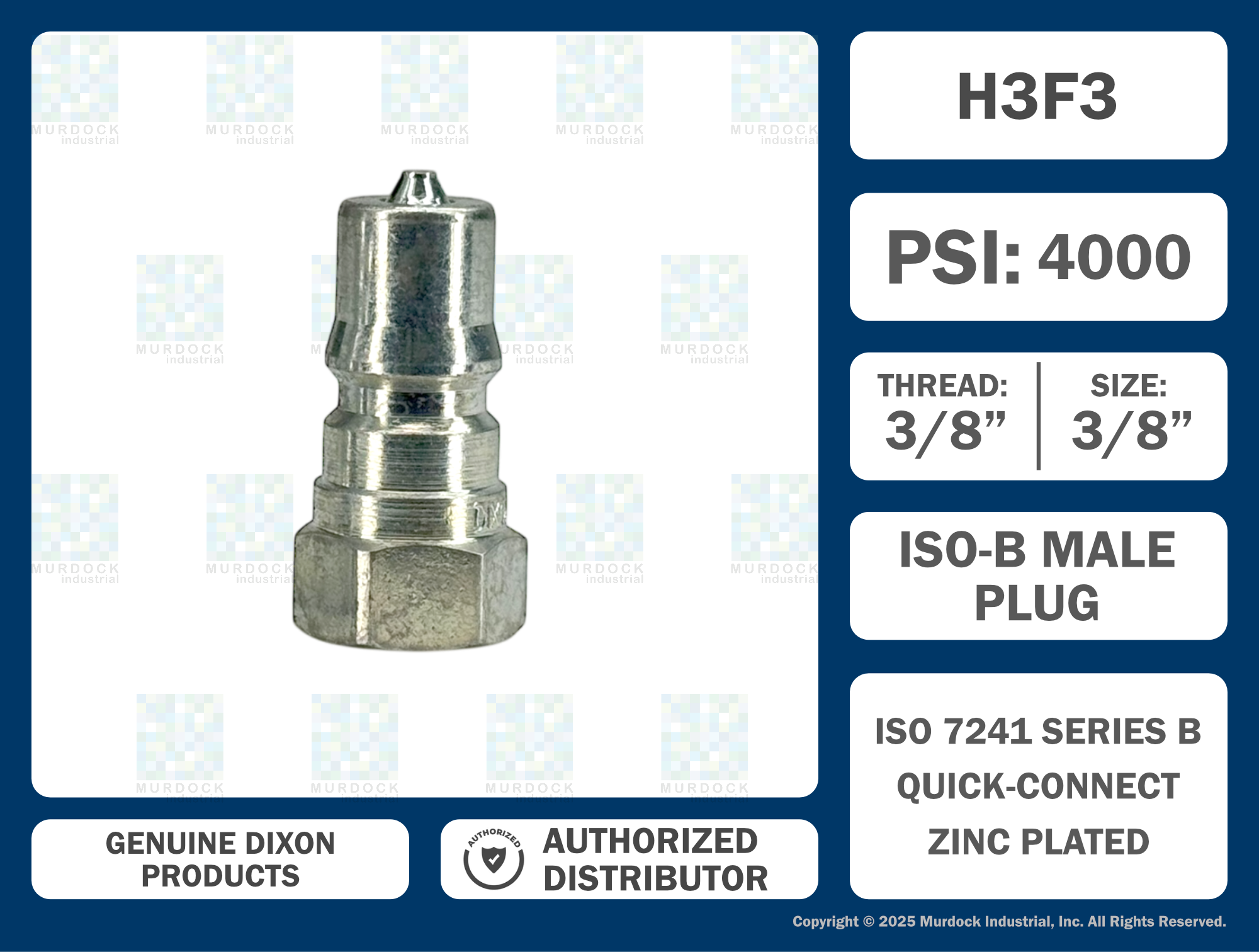 H3F3 by Dixon Valve | Hydraulic Quick Disconnect Coupling | H-Series | 3/8" Female NPTF x 3/8" ISO-B Interchange | Plug | Steel