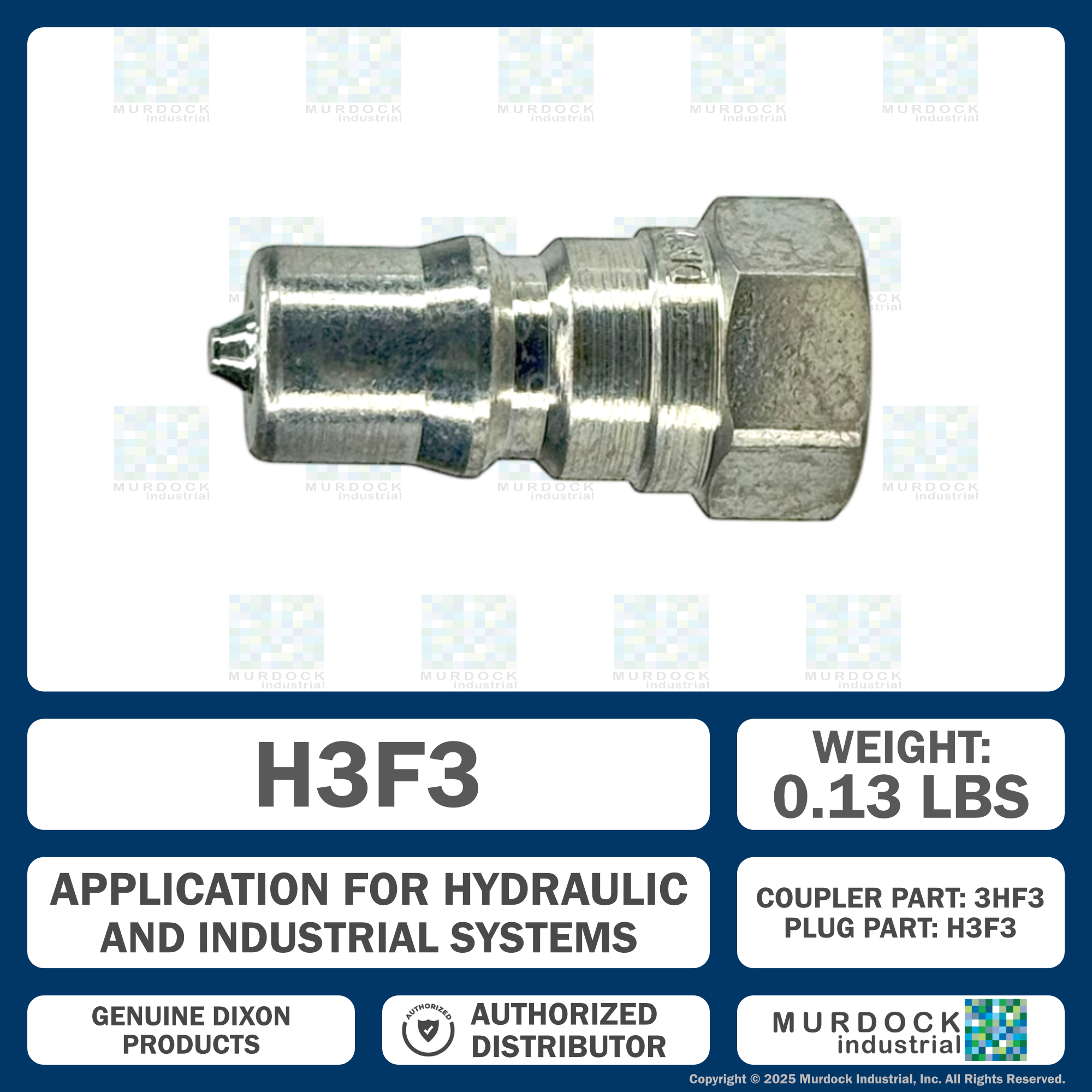H3F3 by Dixon Valve | Hydraulic Quick Disconnect Coupling | H-Series | 3/8" Female NPTF x 3/8" ISO-B Interchange | Plug | Steel